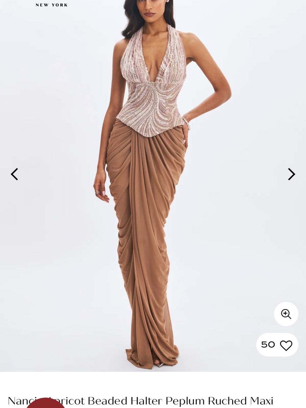 Beaded Halter Peplum Maxi Dress in Apricot